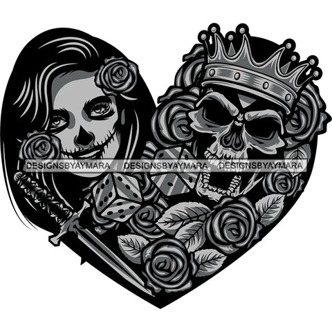 Skeleton Couple Heart Dice Knife Partners Love Skull Head Dead Death Human Bone Red Rosses Flowers Rose Love Romance Love Knife Crown SVG PNG JPG Cut Files For Silhouette Cricut and More!