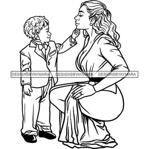 Gorgeous White Mother Son Touching Face True Love Family Together Motherhood B/W SVG JPG PNG Vector Clipart Cricut Silhouette Cut Cuttingn