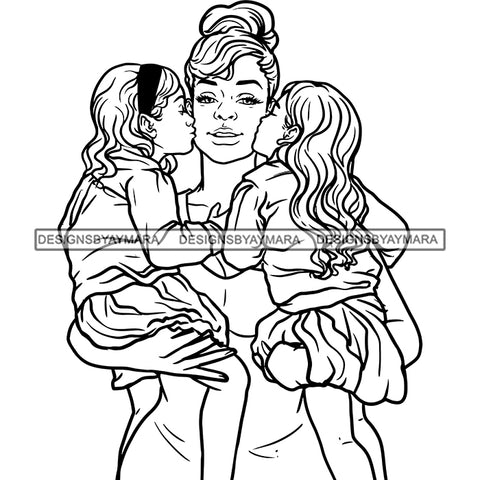 Mother Daughters Kissing Mom Sweet Moments Family Caring Loving Parenting B/W SVG JPG PNG Vector Clipart Cricut Silhouette Cut Cutting