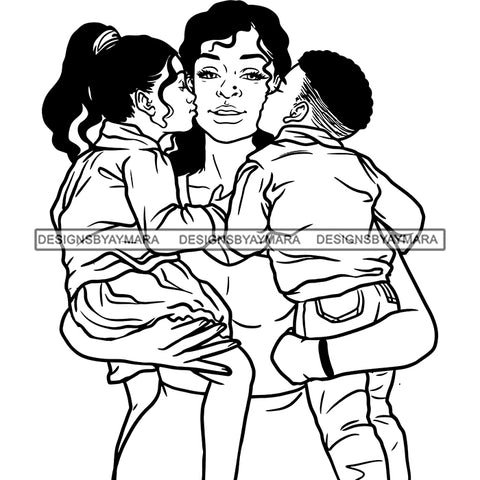 Mother Daughter Son Kissing Mom Sweet Moments Caring Loving Parenting B/W SVG JPG PNG Vector Clipart Cricut Silhouette Cut Cutting