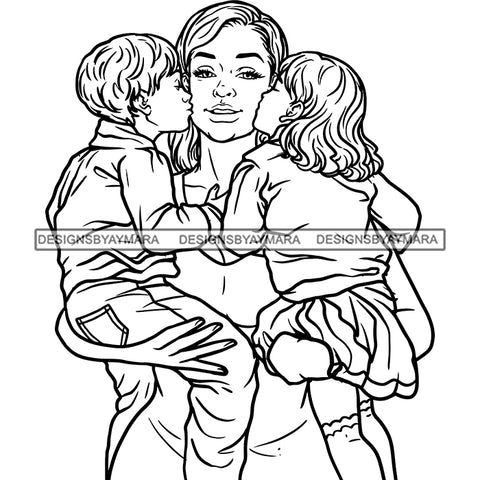 Mother Daughter Son Kissing Mom Happy Moments Family Caring Loving Parenting B/W SVG JPG PNG Vector Clipart Cricut Silhouette Cut Cutting