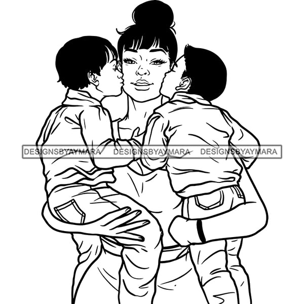 Mother Sons Kissing Mom Happy Moments Family Caring Loving Parenting B/W SVG JPG PNG Vector Clipart Cricut Silhouette Cut Cutting