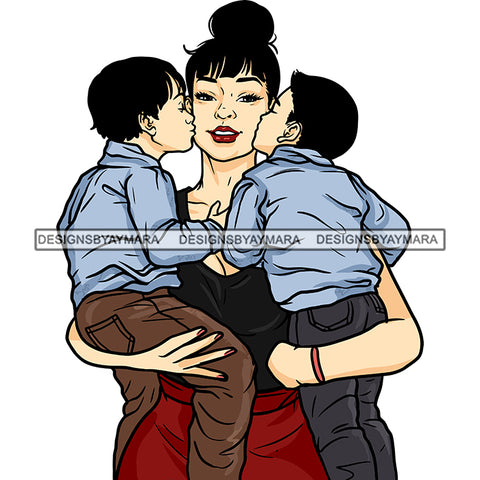 Mother Sons Kissing Mom Happy Sweet Moments Family Caring Loving Parenting SVG JPG PNG Vector Clipart Cricut Silhouette Cut Cutting