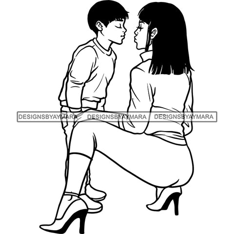 Happy Mother's Day Beautiful Woman Mom Child Son Loving Family True Love B/W SVG JPG PNG Vector Clipart Cricut Silhouette Cut Cutting