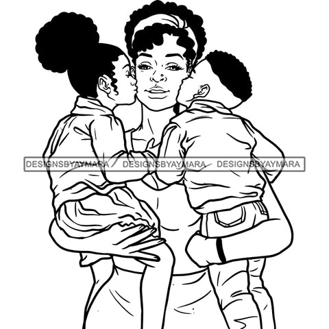 Mother Son Daughter Kissing Mom Sweet Moments Family Caring Loving Parenting B/W SVG JPG PNG Vector Clipart Cricut Silhouette Cut Cutting