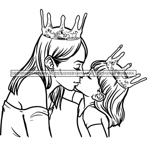 Happy Mother's Day Pretty Crowned Mom Kissing Daughter Parenthood True Love B/W SVG JPG PNG Vector Clipart Cricut Silhouette Cut Cutting