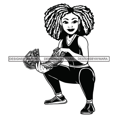 Afro Woman Squatting Holding A Fan Money Showing Off Afro Hairstyle B/W SVG JPG PNG Vector Clipart Cricut Silhouette Cut Cutting