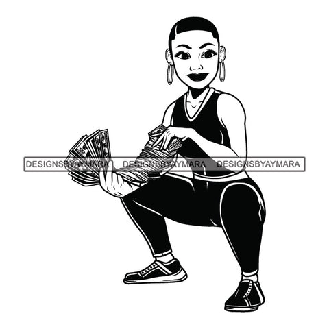 Afro Woman Squatting Holding A Fan Money Showing Off Short Hairstyle B/W SVG JPG PNG Vector Clipart Cricut Silhouette Cut Cutting