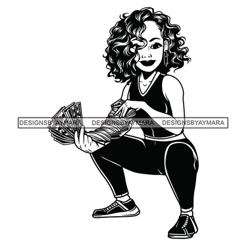 Afro Woman Squatting Holding A Fan Money Showing Off Curly Hairstyle B/W SVG JPG PNG Vector Clipart Cricut Silhouette Cut Cutting