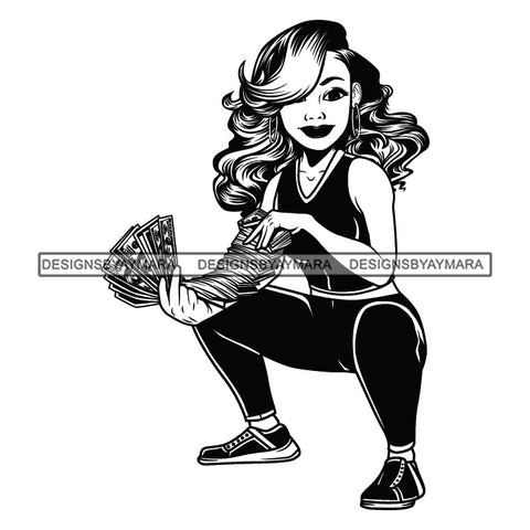 Afro Woman Squatting Holding A Fan Money Showing Off Wavy Hairstyle B/W SVG JPG PNG Vector Clipart Cricut Silhouette Cut Cutting