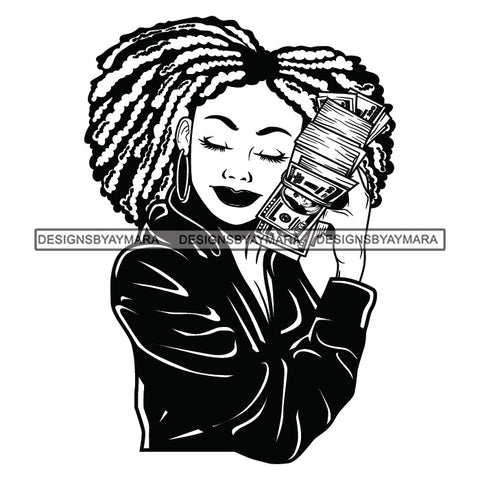 Afro Woman Hugging Money 100 Dollar Bill Hustler Showing Off Afro Hairstyle B/W SVG JPG PNG Vector Clipart Cricut Silhouette Cut Cutting