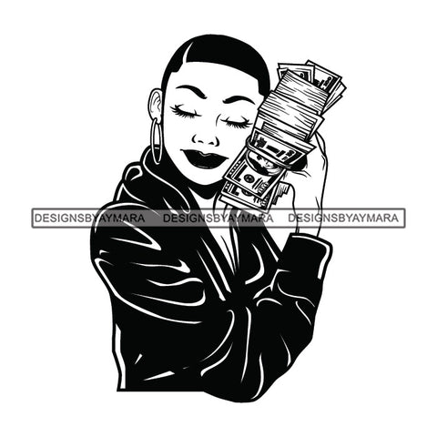 Afro Woman Squatting Holding A Fan Money Showing Off Short Hairstyle B/W SVG JPG PNG Vector Clipart Cricut Silhouette Cut Cutting