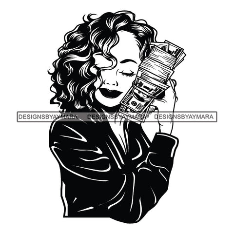 Afro Woman Hugging Money 100 Dollar Bill Hustler Showing Off Curly Hairstyle B/W SVG JPG PNG Vector Clipart Cricut Silhouette Cut Cutting