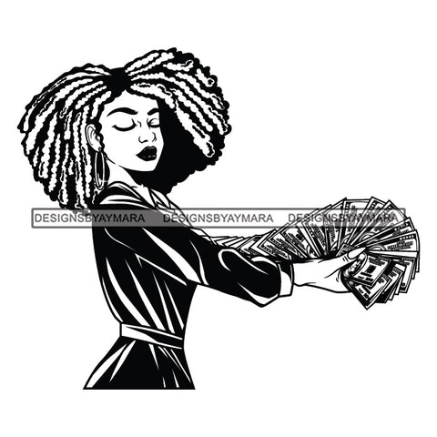 Afro Woman Side View Holding A Fan Money Showing Off Afro Hairstyle B/W SVG JPG PNG Vector Clipart Cricut Silhouette Cut Cutting
