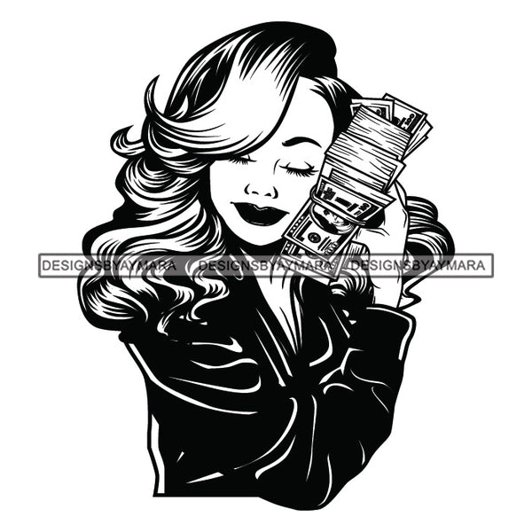 Afro Woman Hugging Money 100 Dollar Bill Hustler Showing Off Wavy Hairstyle B/W SVG JPG PNG Vector Clipart Cricut Silhouette Cut Cutting