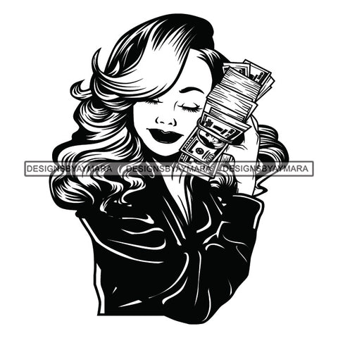 Afro Woman Hugging Money 100 Dollar Bill Hustler Showing Off Wavy Hairstyle B/W SVG JPG PNG Vector Clipart Cricut Silhouette Cut Cutting