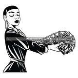 Afro Woman Side View Holding A Fan Money Showing Off Short Hairstyle B/W SVG JPG PNG Vector Clipart Cricut Silhouette Cut Cutting