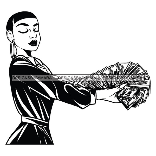 Afro Woman Side View Holding A Fan Money Showing Off Short Hairstyle B/W SVG JPG PNG Vector Clipart Cricut Silhouette Cut Cutting