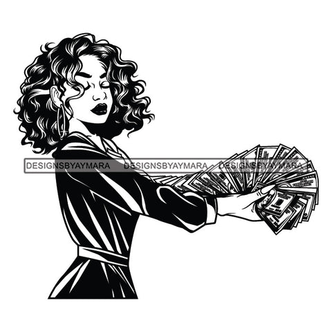 Afro Woman Side View Holding A Fan Money Showing Off Curly Hairstyle B/W SVG JPG PNG Vector Clipart Cricut Silhouette Cut Cutting