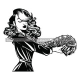 Afro Woman Side View Holding A Fan Money Showing Off Wavy Hairstyle B/W SVG JPG PNG Vector Clipart Cricut Silhouette Cut Cutting
