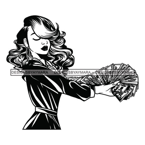 Afro Woman Side View Holding A Fan Money Showing Off Wavy Hairstyle B/W SVG JPG PNG Vector Clipart Cricut Silhouette Cut Cutting