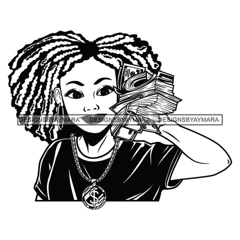 Afro Woman Holding Money Showing Off Melanin Necklace Afro Hairstyle B/W SVG JPG PNG Vector Clipart Cricut Silhouette Cut Cutting