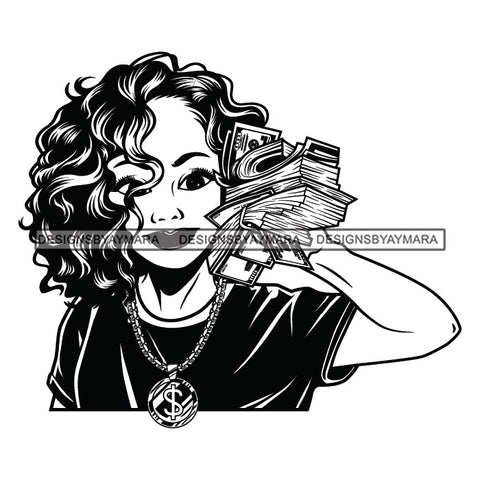 Afro Woman Holding Money Showing Off Melanin Necklace Curly Hairstyle B/W SVG JPG PNG Vector Clipart Cricut Silhouette Cut Cutting