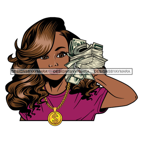 Afro Woman Holding Money Showing Off Melanin Gold Necklace Purple Top Wavy Hairstyle VG JPG PNG Vector Clipart Cricut Silhouette Cut Cutting