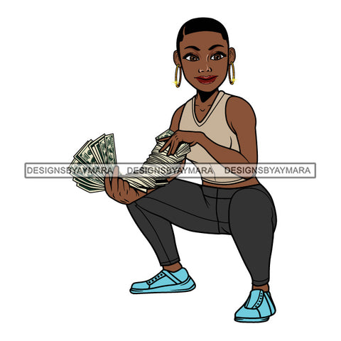Afro Woman Squatting Holding A Fan Money Showing Off Tan Top Short Hairstyle SVG JPG PNG Vector Clipart Cricut Silhouette Cut Cutting