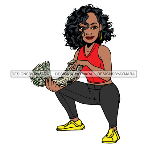 Afro Woman Squatting Holding A Fan Money Showing Off Orange Top Curly Hairstyle SVG JPG PNG Vector Clipart Cricut Silhouette Cut Cutting