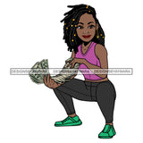 Afro Woman Squatting Holding A Fan Money Showing Off Purple Top Dreadlocks Hairstyle SVG JPG PNG Vector Clipart Cricut Silhouette Cut Cutting
