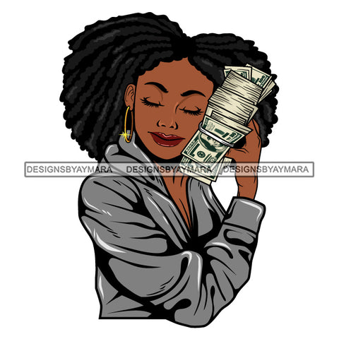 Afro Woman Hugging Money 100 Dollar Bill Hustler Showing Off Grey Robe Afro Hairstyle SVG JPG PNG Vector Clipart Cricut Silhouette Cut Cutting