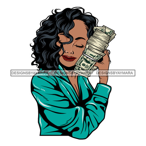 Afro Woman Hugging Money 100 Dollar Bill Hustler Showing Off Aqua Robe Curly Hairstyle SVG JPG PNG Vector Clipart Cricut Silhouette Cut Cutting