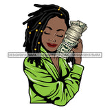 Afro Woman Hugging Money 100 Dollar Bill Hustler Showing Off Green Robe Dreadlocks Hairstyle SVG JPG PNG Vector Clipart Cricut Silhouette Cut Cutting