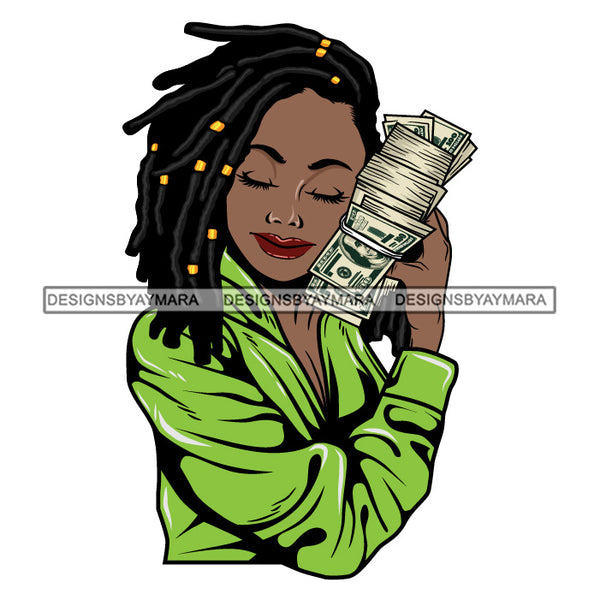 Afro Woman Hugging Money 100 Dollar Bill Hustler Showing Off Green Robe Dreadlocks Hairstyle SVG JPG PNG Vector Clipart Cricut Silhouette Cut Cutting