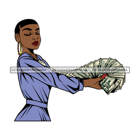 Afro Woman Side View Holding A Fan Money Showing Off  Purple Dress Short Hairstyle SVG JPG PNG Vector Clipart Cricut Silhouette Cut Cutting