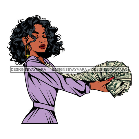 Afro Woman Side View Holding A Fan Money Showing Off Lavender Dress Curly Hairstyle SVG JPG PNG Vector Clipart Cricut Silhouette Cut Cutting
