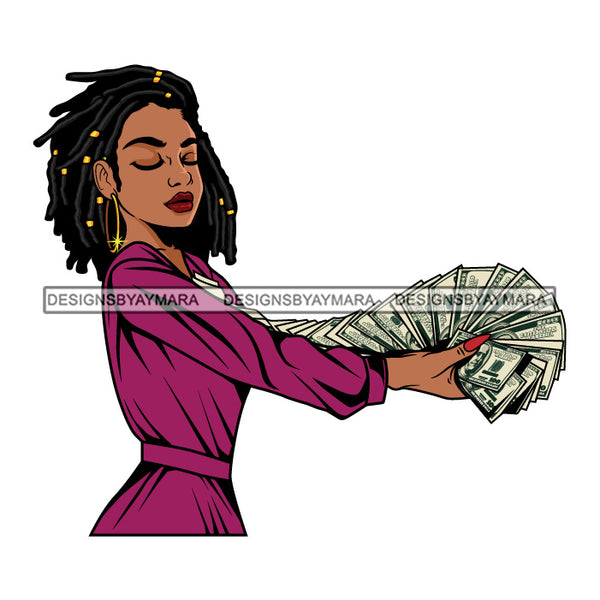 Afro Woman Side View Holding A Fan Money Showing Off  Purple Dress Dreadlocks Hairstyle SVG JPG PNG Vector Clipart Cricut Silhouette Cut Cutting