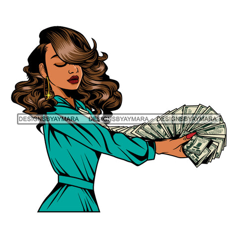 Afro Woman Side View Holding A Fan Money Showing Off Aqua Dress Wavy Hairstyle SVG JPG PNG Vector Clipart Cricut Silhouette Cut Cutting