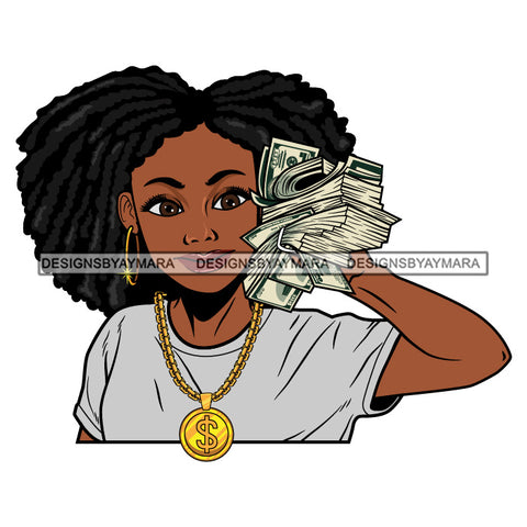 Afro Woman Holding Money Showing Off Melanin Necklace Grey Top Afro Hairstyle SVG JPG PNG Vector Clipart Cricut Silhouette Cut Cutting