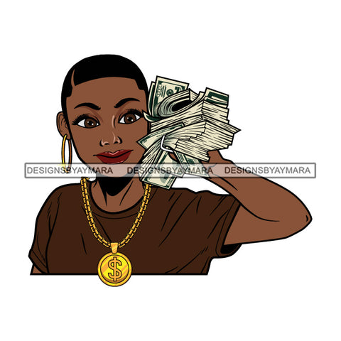 Afro Woman Holding Money Showing Off Melanin Gold Necklace Brown Top Short Hairstyle SVG JPG PNG Vector Clipart Cricut Silhouette Cut Cutting