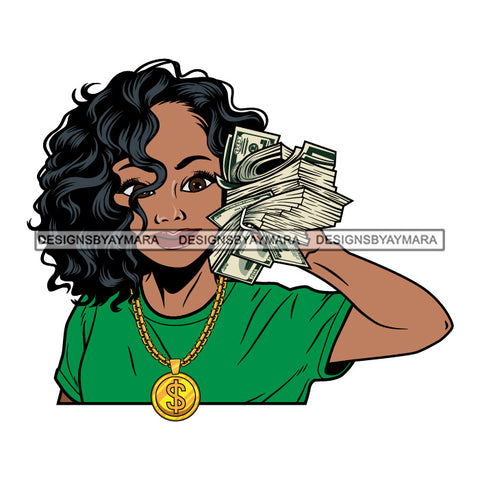 Afro Woman Holding Money Showing Off Melanin Gold Necklace Green Top Curly Hairstyle SVG JPG PNG Vector Clipart Cricut Silhouette Cut Cutting