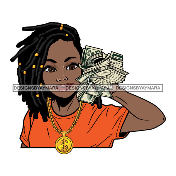 Afro Woman Holding Money Showing Off Melanin Gold Necklace Orange Top Dreadlocks Hairstyle SVG JPG PNG Vector Clipart Cricut Silhouette Cut Cutting