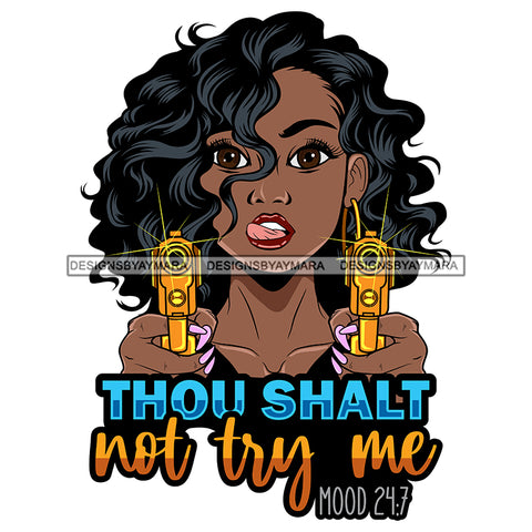 Afro Beautiful Woman Aiming Two Guns Life Quotes Hoop Earrings Curly Hairstyle SVG PNG JPG Cutting Files Silhouette Cricut More