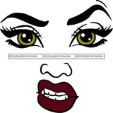 Afro Black Woman Mad Angry Face Gestures Outline Green Eyes SVG Cutting Files For Silhouette Cricut More