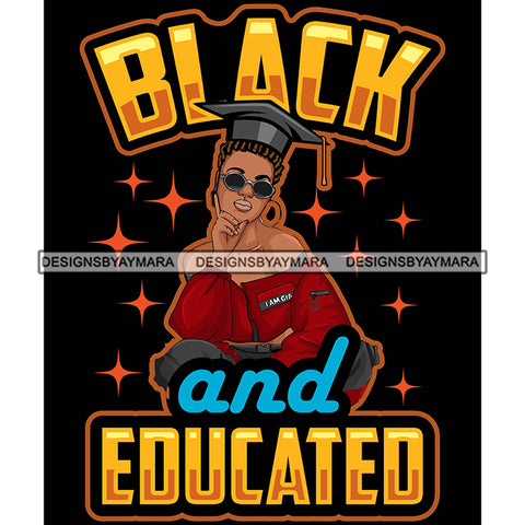 Pretty Woman Squatting Educated Wearing Graduation Cap Black Background SVG JPG PNG Vector Clipart Cricut Silhouette Cut Cutting