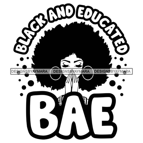 Pretty Afro Woman Praying Achiever Blessed Hoop Earrings Puffy Afro Hairstyle B/W SVG JPG PNG Vector Clipart Cricut Silhouette Cut Cutting