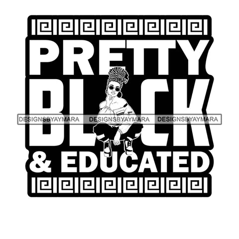 Pretty Afro Woman Squatting Educated Sunglasses Updo Hairstyle B/W SVG JPG PNG Vector Clipart Cricut Silhouette Cut Cutting