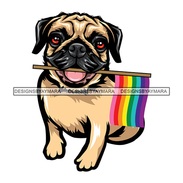 Pride Month Parade Celebration Cute Dog Holding Rainbow Flag White Background SVG JPG PNG Vector Clipart Cricut Silhouette Cut Cutting