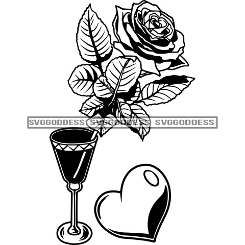 Wine Rose Heart Love Symbol Glass Drink Valentine Romantic Flower Vintage Decoration  B/W SVG JPG PNG  Designs Cricut Silhouette Cut Cutting